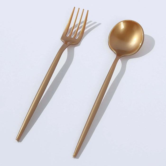 50 Heavy Duty Plastic Dessert Forks and Spoons - Gold