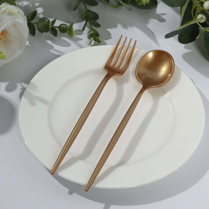 50 Heavy Duty Plastic Dessert Forks and Spoons - Gold