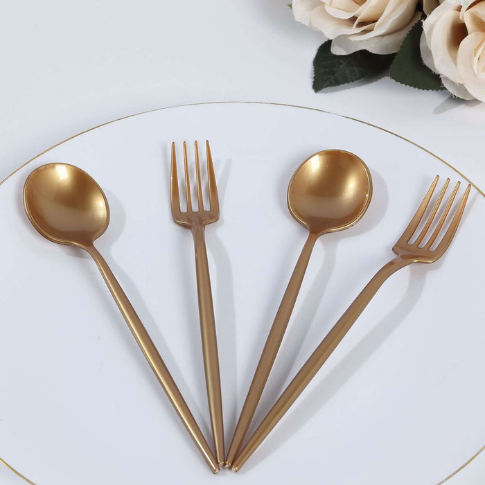 50 Heavy Duty Plastic Dessert Forks and Spoons - Gold