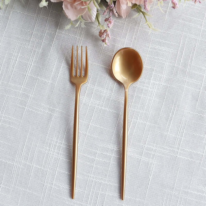 50 Heavy Duty Plastic Dessert Forks and Spoons - Gold