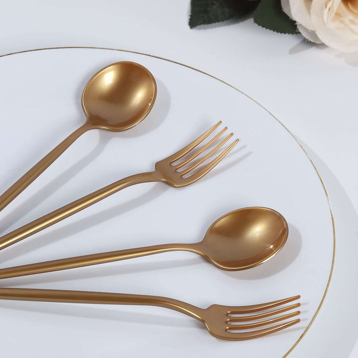 50 Heavy Duty Plastic Dessert Forks and Spoons - Gold