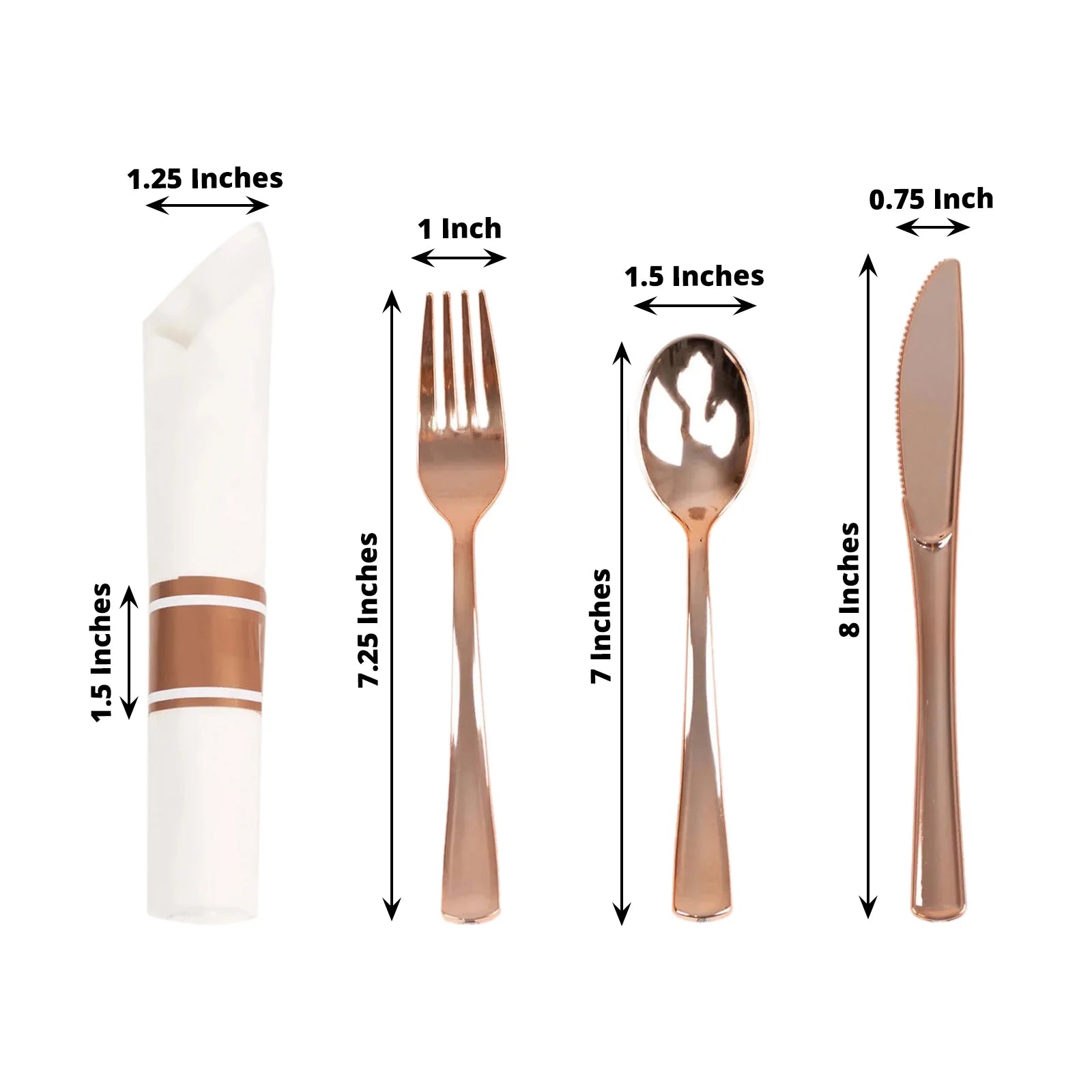 24 Plastic Silverware with Pre Rolled White Paper Napkins - Rose Gold