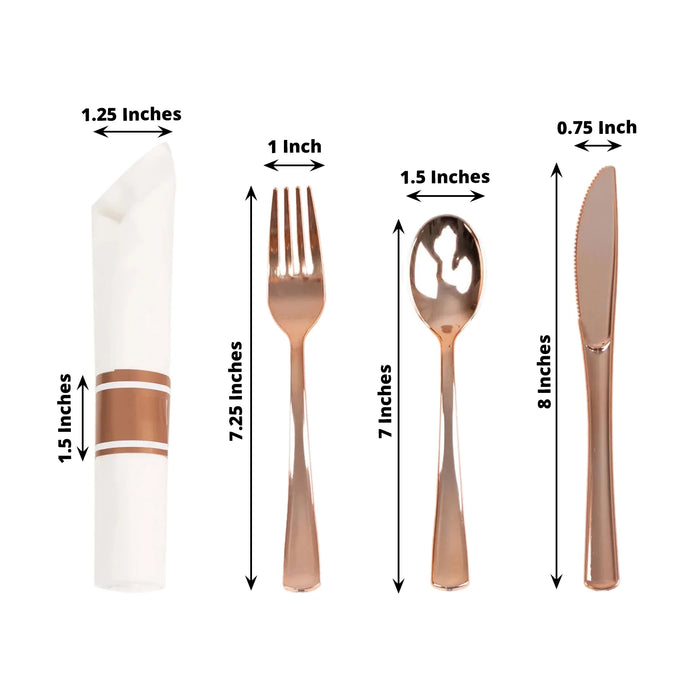 24 Plastic Silverware with Pre Rolled White Paper Napkins - Rose Gold