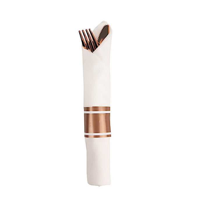 24 Plastic Silverware with Pre Rolled White Paper Napkins - Rose Gold