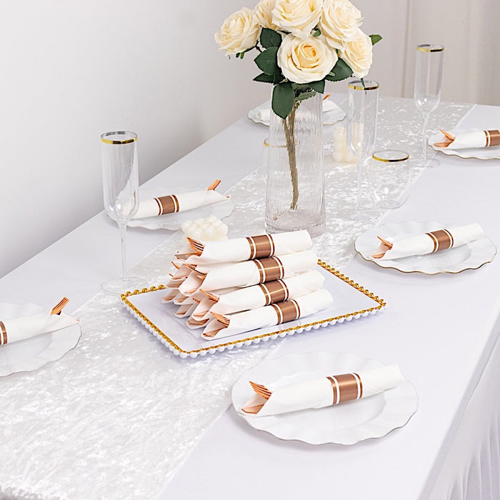 24 Plastic Silverware with Pre Rolled White Paper Napkins - Rose Gold