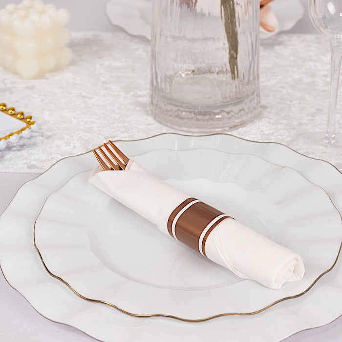 24 Plastic Silverware with Pre Rolled White Paper Napkins - Rose Gold