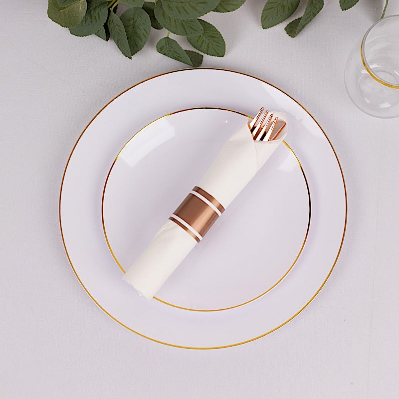 24 Plastic Silverware with Pre Rolled White Paper Napkins - Rose Gold