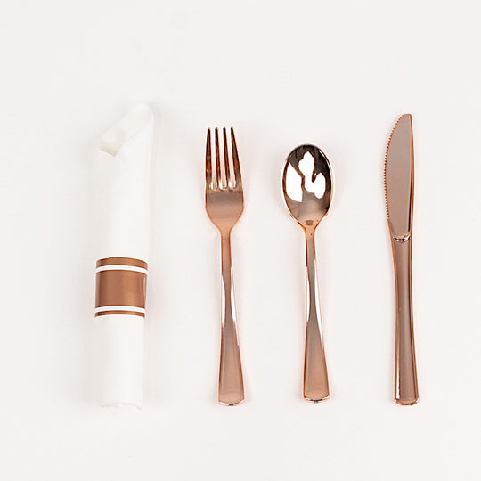 24 Plastic Silverware with Pre Rolled White Paper Napkins - Rose Gold