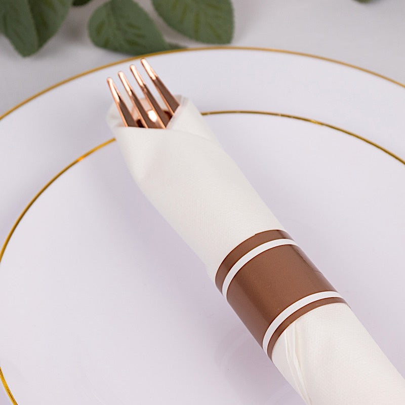 24 Plastic Silverware with Pre Rolled White Paper Napkins - Rose Gold