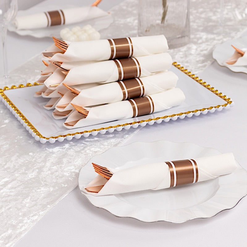 24 Plastic Silverware with Pre Rolled White Paper Napkins - Rose Gold