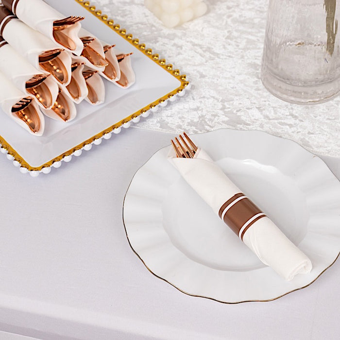 24 Plastic Silverware with Pre Rolled White Paper Napkins - Rose Gold