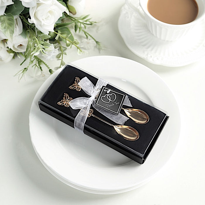 2 Metal Butterfly Handle Coffee Spoons in Clear Top Black Gift Box - Gold