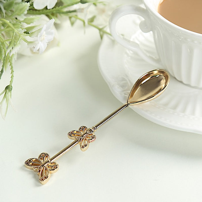 2 Metal Butterfly Handle Coffee Spoons in Clear Top Black Gift Box - Gold