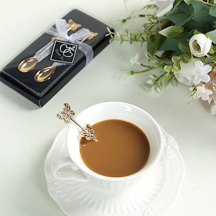 2 Metal Butterfly Handle Coffee Spoons in Clear Top Black Gift Box - Gold