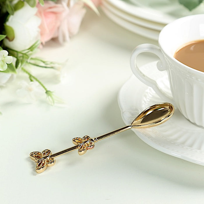 2 Metal Butterfly Handle Coffee Spoons in Clear Top Black Gift Box - Gold