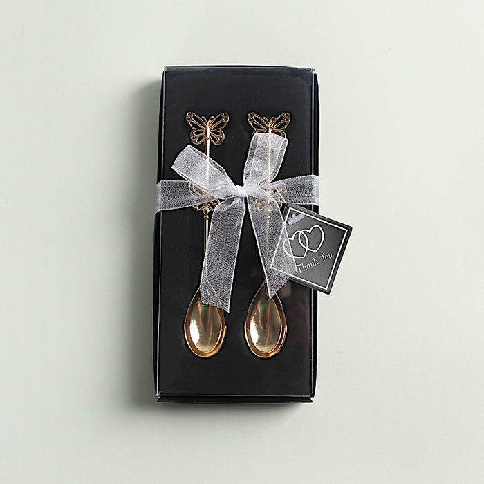 2 Metal Butterfly Handle Coffee Spoons in Clear Top Black Gift Box - Gold