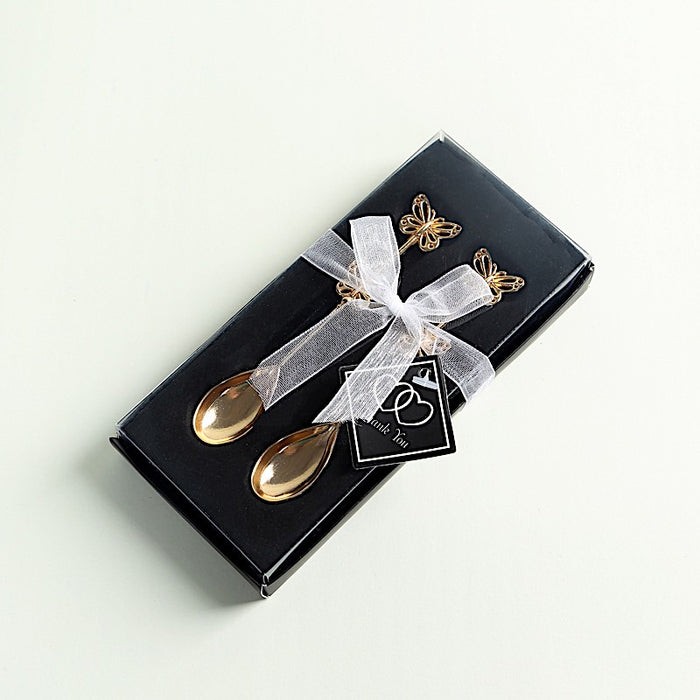 2 Metal Butterfly Handle Coffee Spoons in Clear Top Black Gift Box - Gold