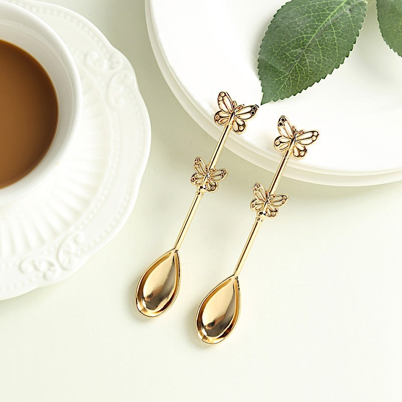 2 Metal Butterfly Handle Coffee Spoons in Clear Top Black Gift Box - Gold