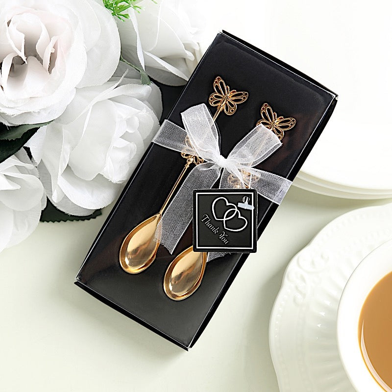 2 Metal Butterfly Handle Coffee Spoons in Clear Top Black Gift Box - Gold