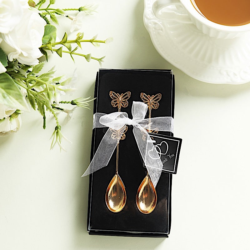 2 Metal Butterfly Handle Coffee Spoons in Clear Top Black Gift Box - Gold