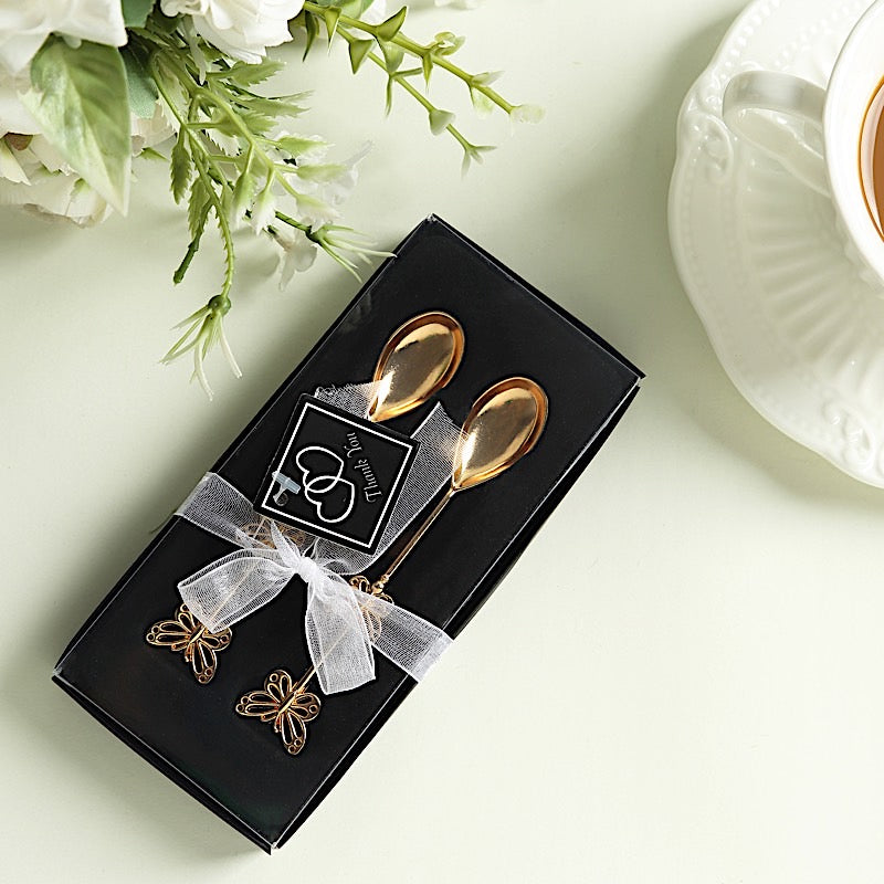 2 Metal Butterfly Handle Coffee Spoons in Clear Top Black Gift Box - Gold