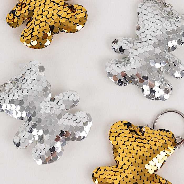 20 Sequin 3" Teddy Bear Keychains Organza Bags and Thank You Tags - Gold and Silver