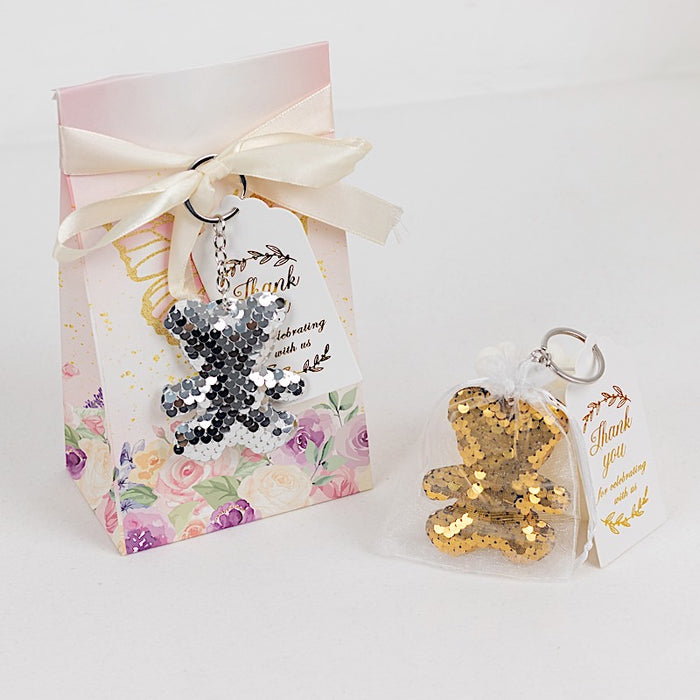 20 Sequin 3" Teddy Bear Keychains Organza Bags and Thank You Tags - Gold and Silver