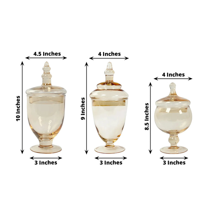 3 pcs 9" 10" 11" tall Glass Apothecary Jars Containers with Lids - Amber Gold