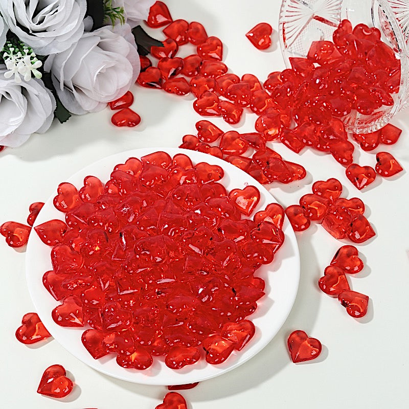 250 Acrylic Heart Diamond Gems Vase Fillers - Red