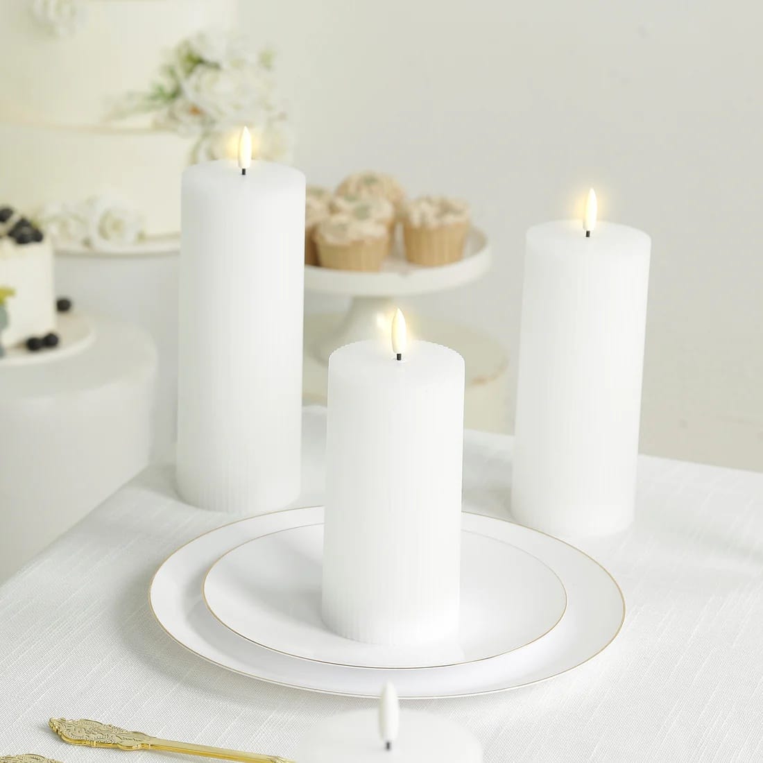 5 LED Flameless Pillar Candles Battery Operated Flickering with Ribbed Design - Warm White