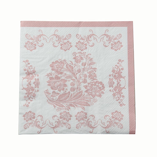 50 Paper Cocktail Napkins in French Toile Floral Pattern - White and Pink