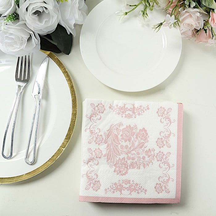 50 Paper Cocktail Napkins in French Toile Floral Pattern - White and Pink