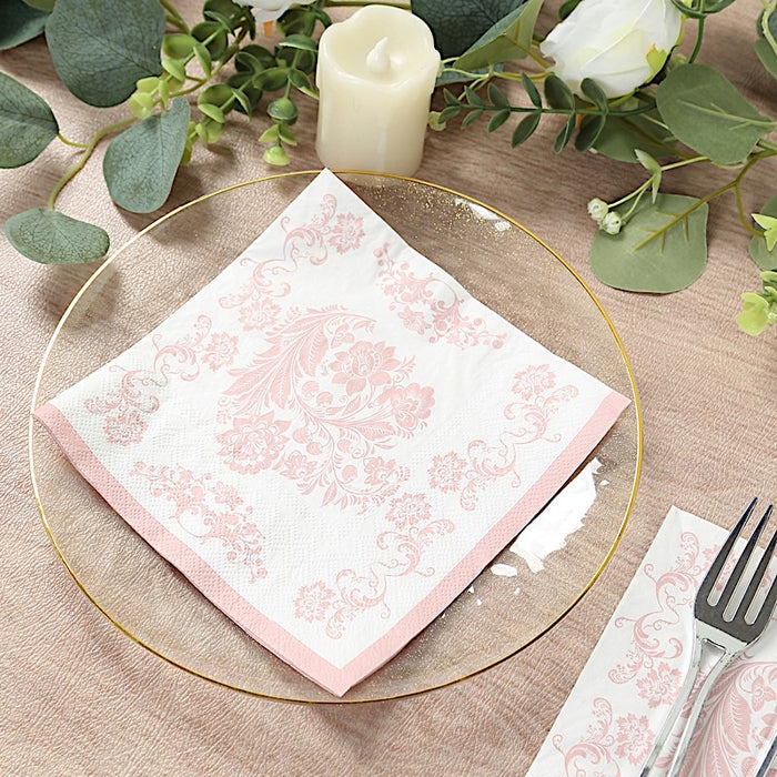 50 Paper Cocktail Napkins in French Toile Floral Pattern - White and Pink