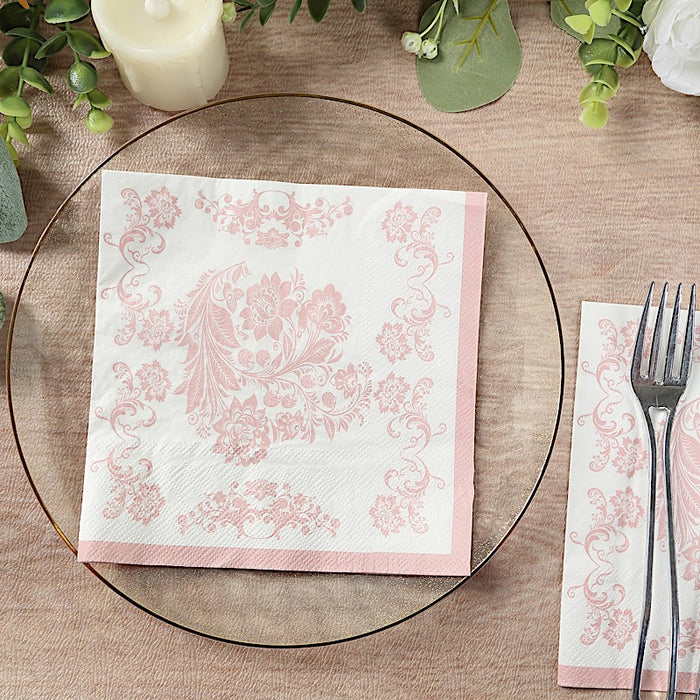 50 Paper Cocktail Napkins in French Toile Floral Pattern - White and Pink