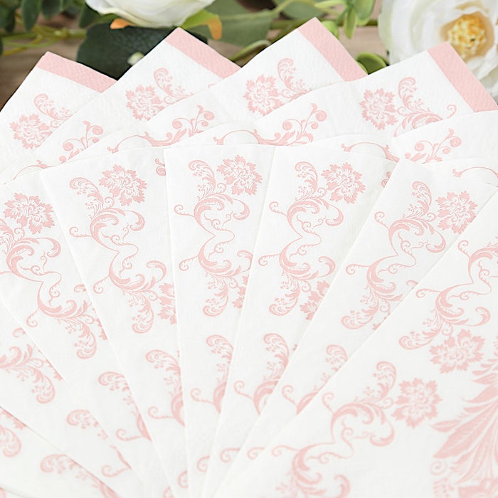 50 Paper Cocktail Napkins in French Toile Floral Pattern - White and Pink