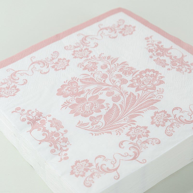 50 Paper Cocktail Napkins in French Toile Floral Pattern - White and Pink