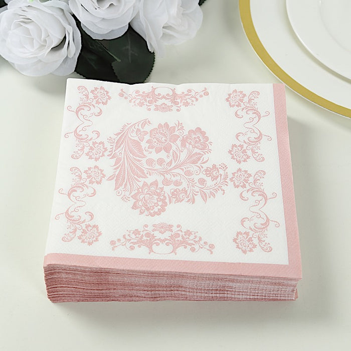 50 Paper Cocktail Napkins in French Toile Floral Pattern - White and Pink