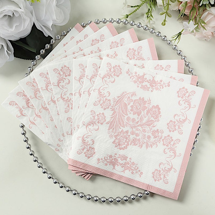 50 Paper Cocktail Napkins in French Toile Floral Pattern - White and Pink