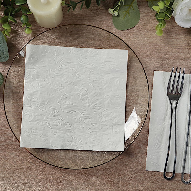 50 Embossed Paper Cocktail Napkins with French Swirl Pattern - White