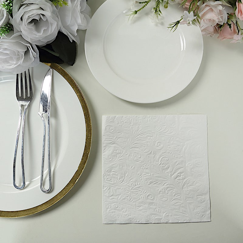 50 Embossed Paper Cocktail Napkins with French Swirl Pattern - White