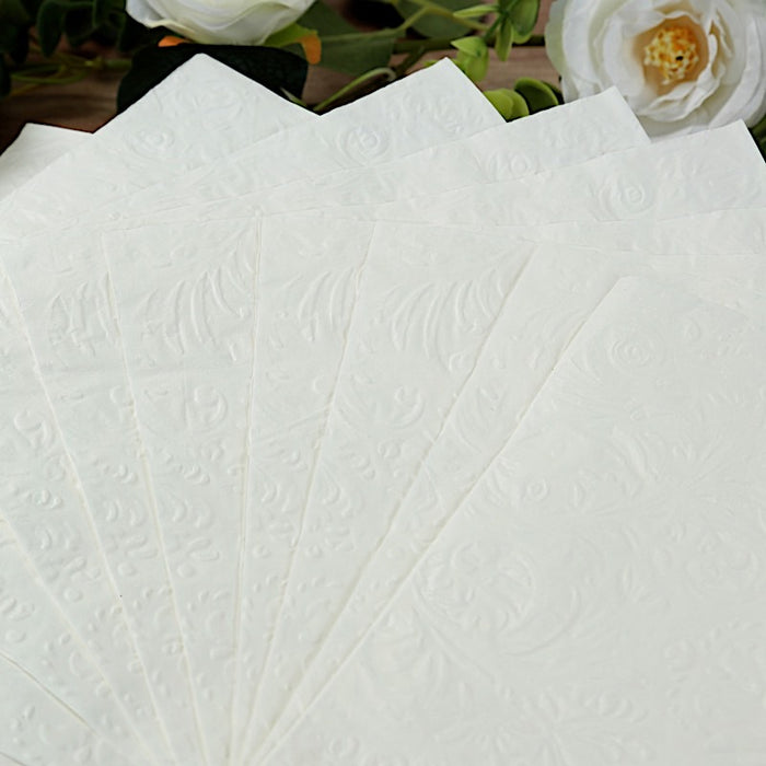 50 Embossed Paper Cocktail Napkins with French Swirl Pattern - White