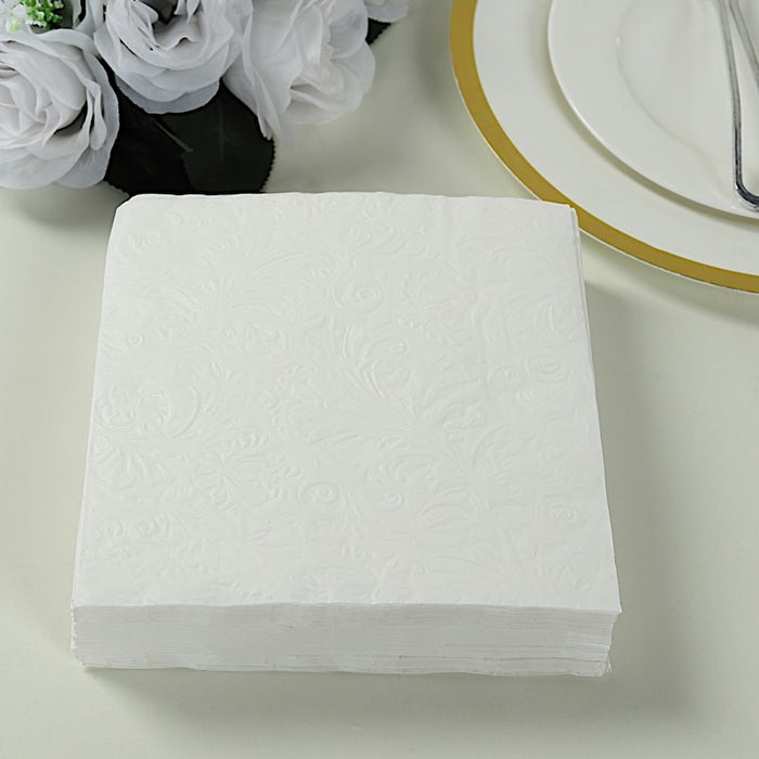 50 Embossed Paper Cocktail Napkins with French Swirl Pattern - White