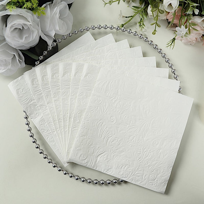 50 Embossed Paper Cocktail Napkins with French Swirl Pattern - White