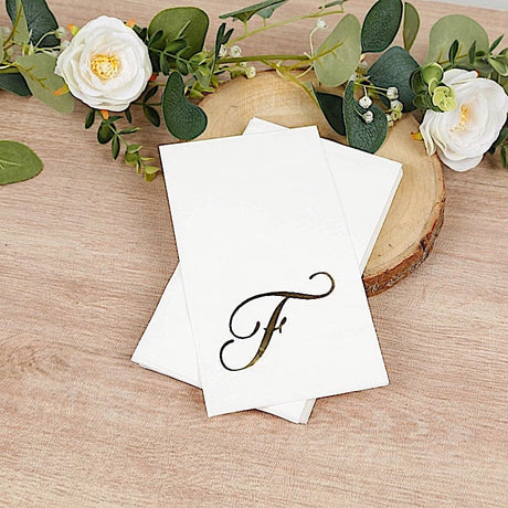 100 Disposable Dinner Paper Napkins with Gold Foil Letter - White