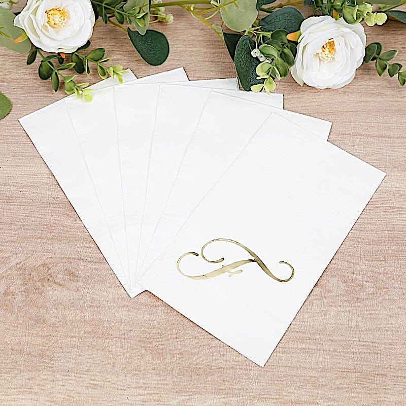 100 Disposable Dinner Paper Napkins with Gold Foil Letter - White