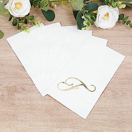 100 Disposable Dinner Paper Napkins with Gold Foil Letter - White