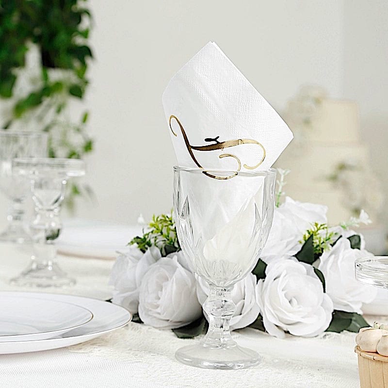 100 Disposable Dinner Paper Napkins with Gold Foil Letter - White