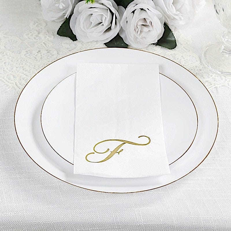 100 Disposable Dinner Paper Napkins with Gold Foil Letter - White