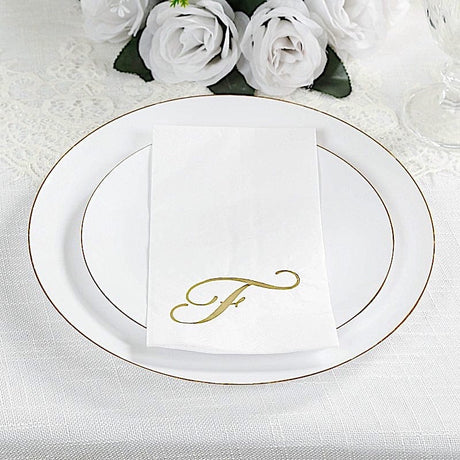 100 Disposable Dinner Paper Napkins with Gold Foil Letter - White