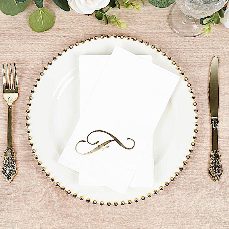 100 Disposable Dinner Paper Napkins with Gold Foil Letter - White